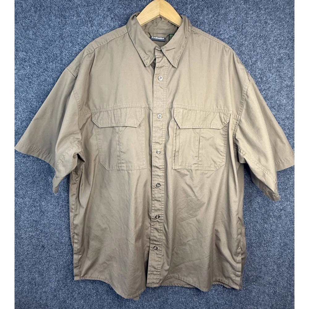 Cabelas Button Up Shirt Men's Size XL Beige Short Sleeve Hidden Zipper Pocket